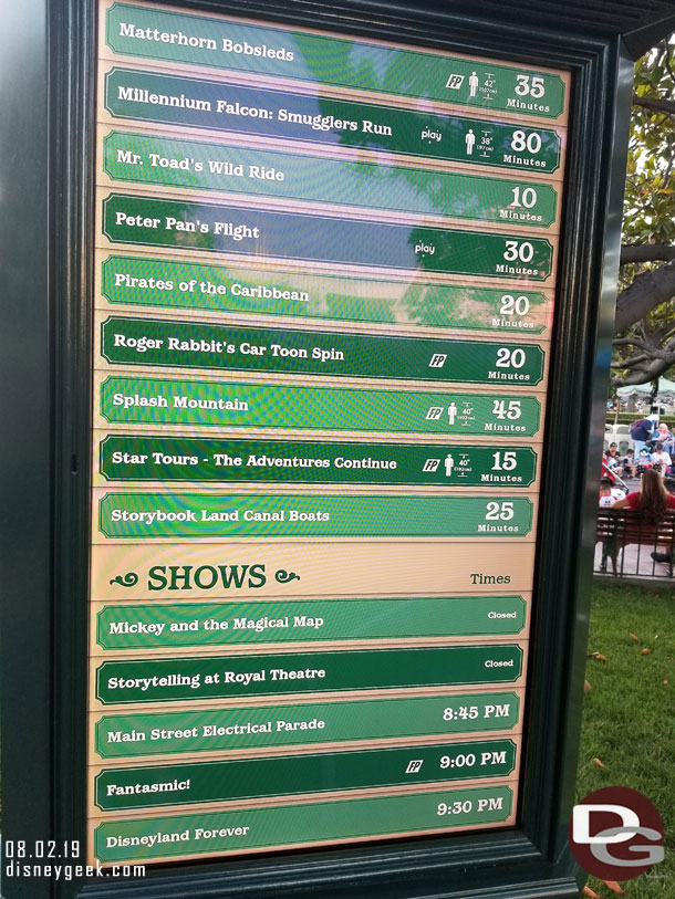 A check of the wait times around Disneyland at 7:22pm