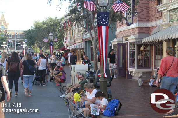 About 3 hours before the parade and curb seating is mostly full along Main Street USA.