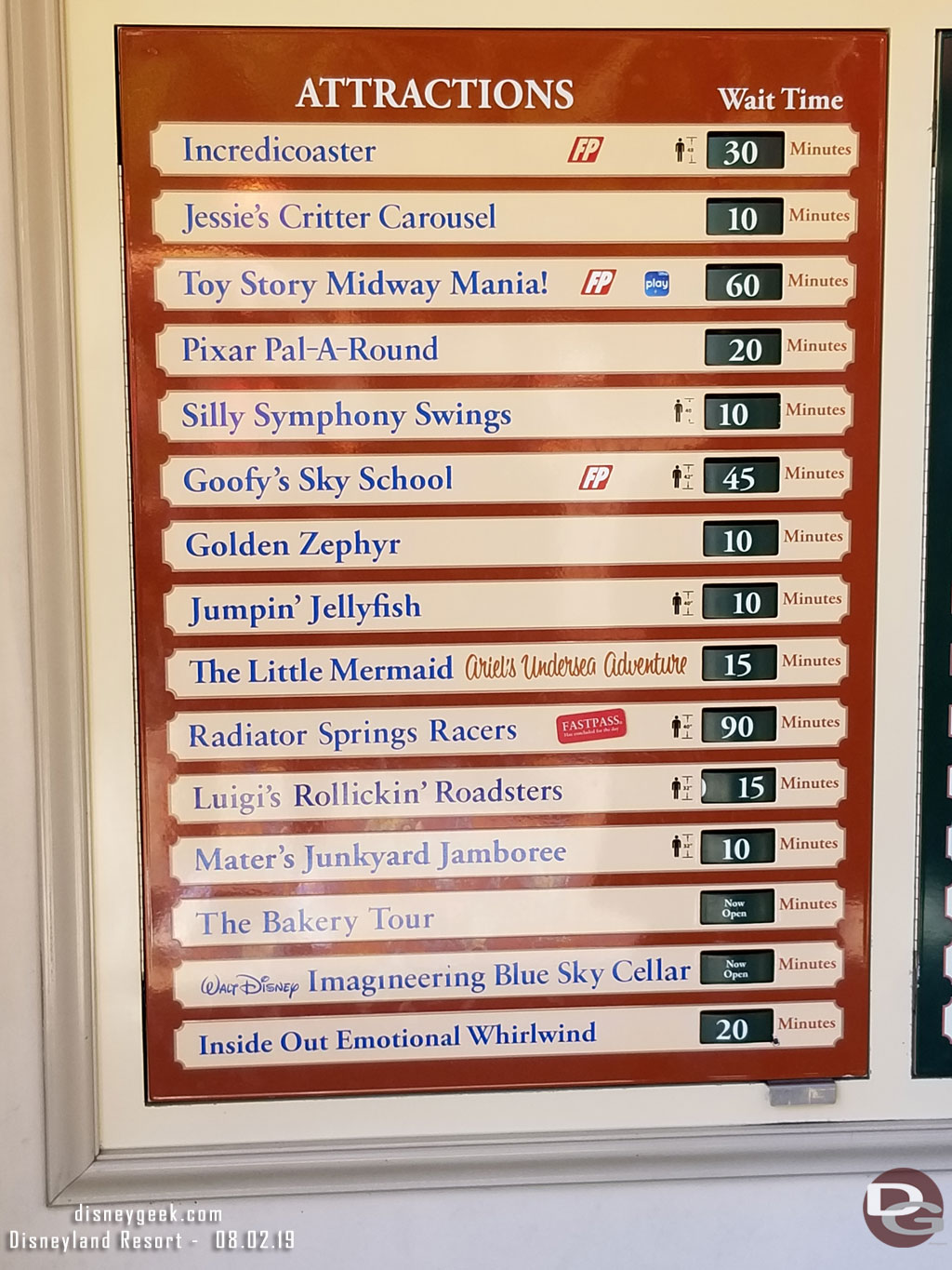 I started my day off at Disney California Adventure.  Here are some wait times at 1:56pm