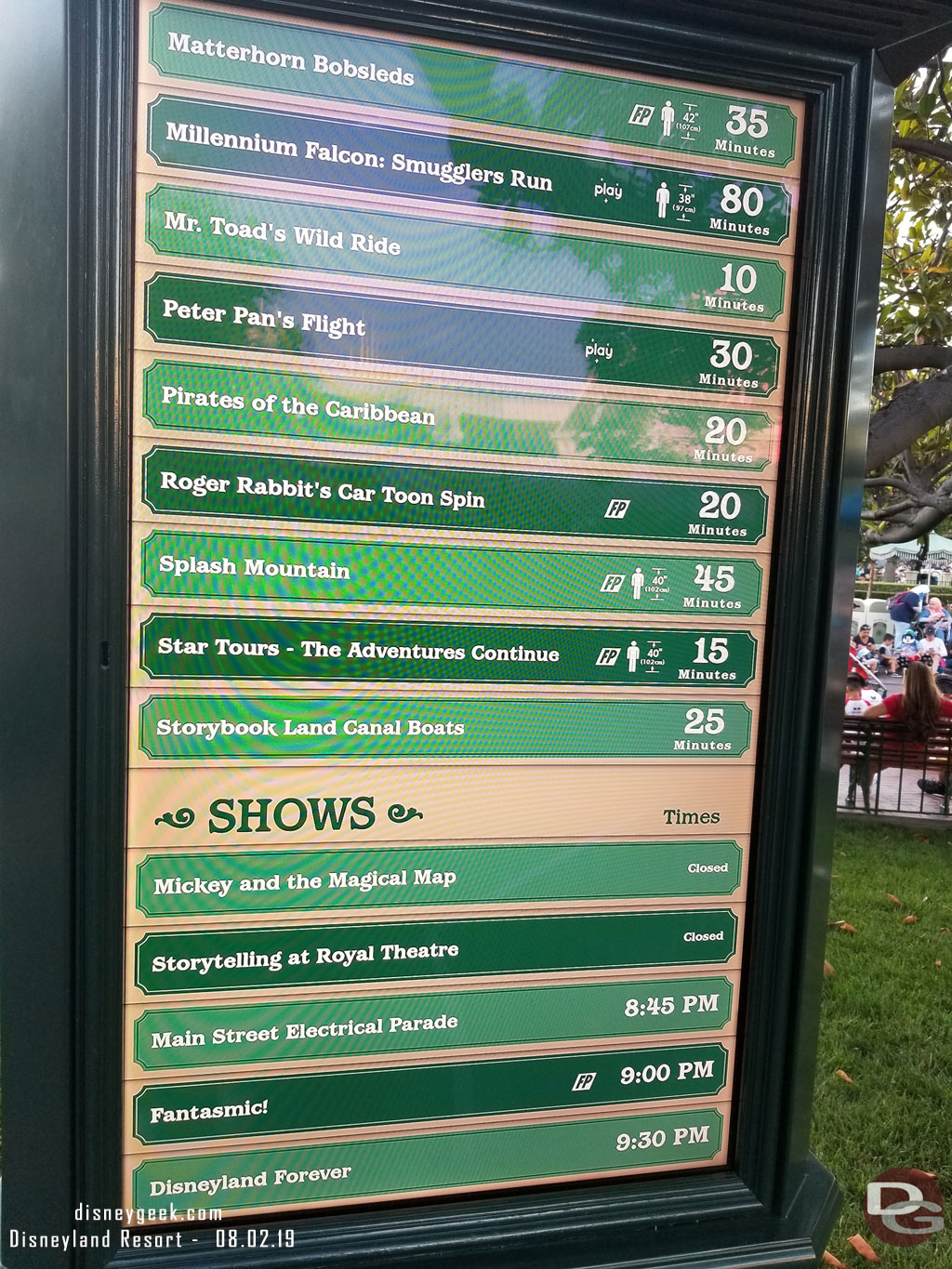 A check of the wait times around Disneyland at 7:22pm