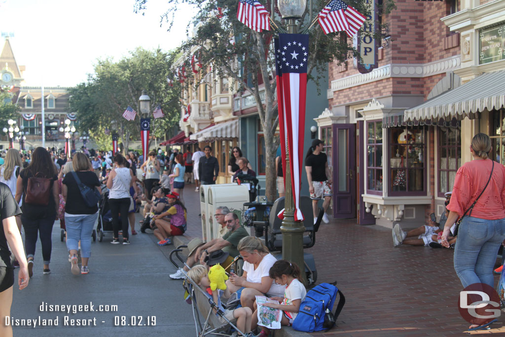 About 3 hours before the parade and curb seating is mostly full along Main Street USA.