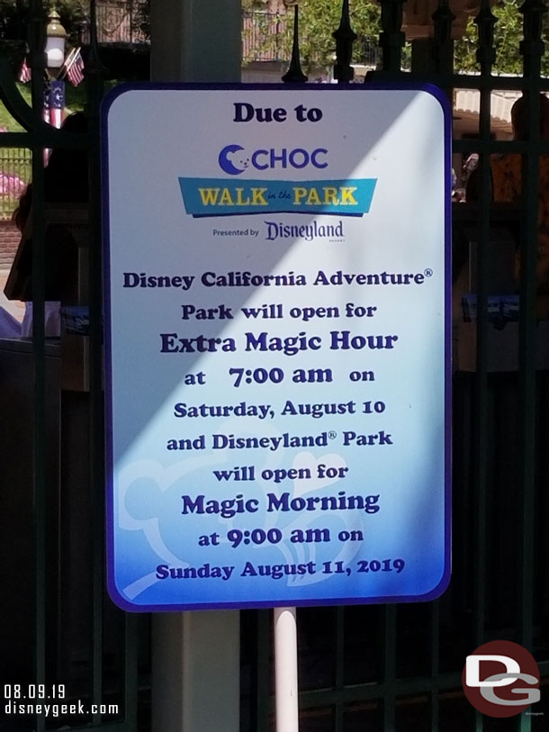 About 15 minutes later I arrived at the parks, not too bad for security check and the tram ride.  Signs up warning of an altered schedule this weekend due to the CHOC Walk.