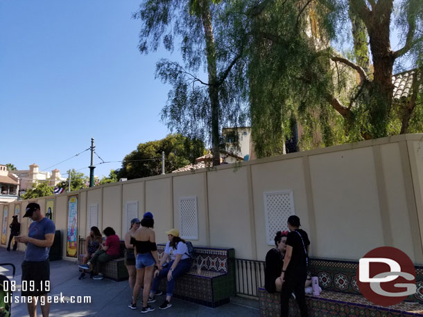 No indication of what is going on.  Looks to be with the track.  A plausible theory I read said they may be moving the charging equipment from Hollywood Land to hear for the trolleys.