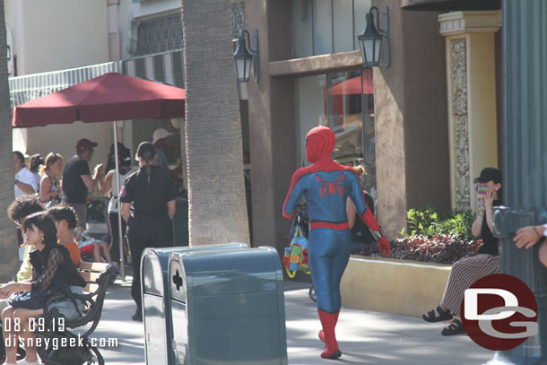 Spiderman strolling along Hollywood Blvd.  