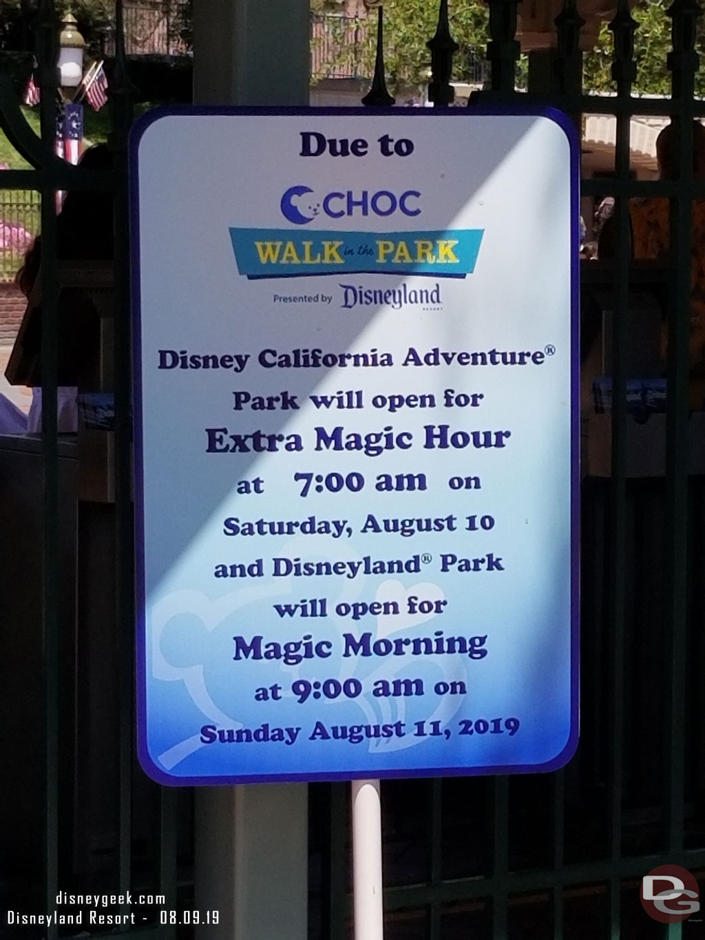 About 15 minutes later I arrived at the parks, not too bad for security check and the tram ride.  Signs up warning of an altered schedule this weekend due to the CHOC Walk.