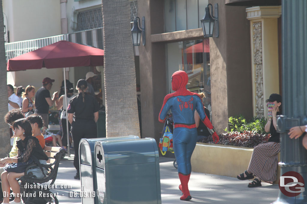 Spiderman strolling along Hollywood Blvd.  