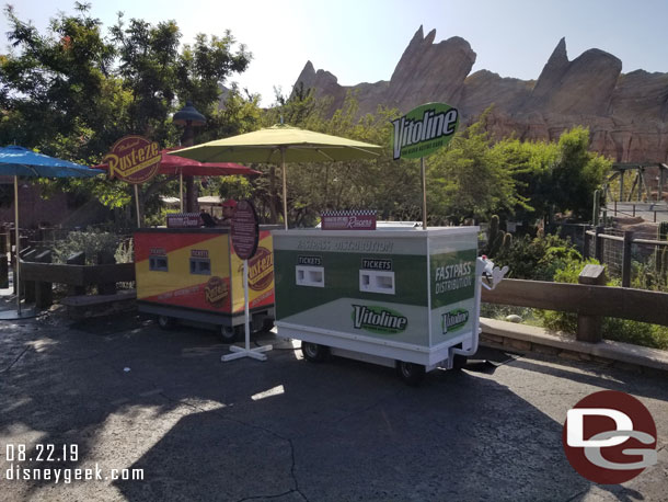 FastPasses still available for Radiator Springs Racers, want to say return time was around 1pm.  A nice addition to the mobile FastPass distribution carts would be a screen with return time info, currently you need to check the App or ask a castmember who ends up checking the app.