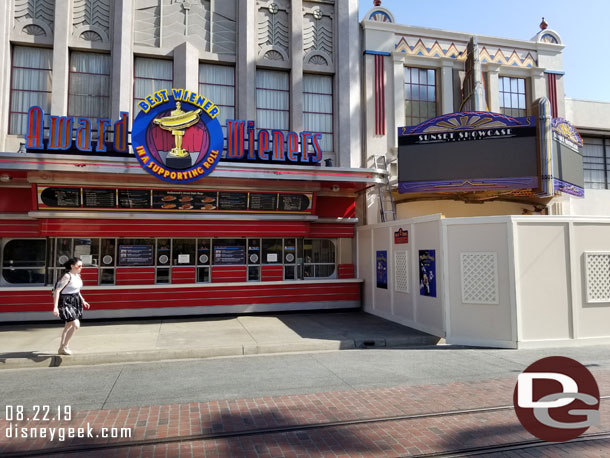 The Sunset Showcase Theater marquee is being installed. 