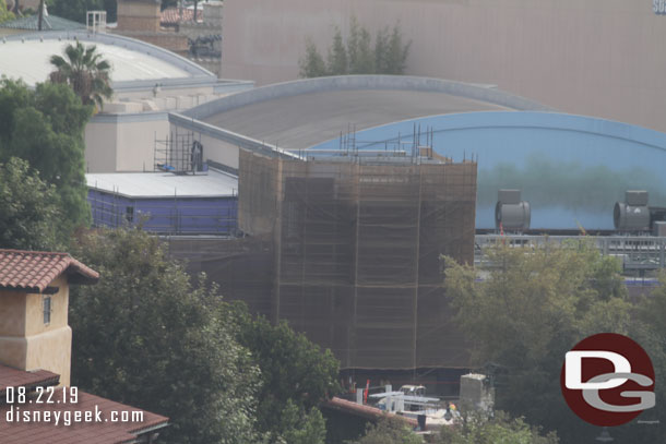 A look at the Avengers Campus construction site.  Starting on the left with the Spider Man attraction.  They are slowly covering the metal framing.