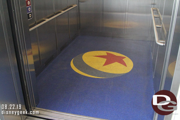 The elevator floor of the Pixar Pals Parking Structure.