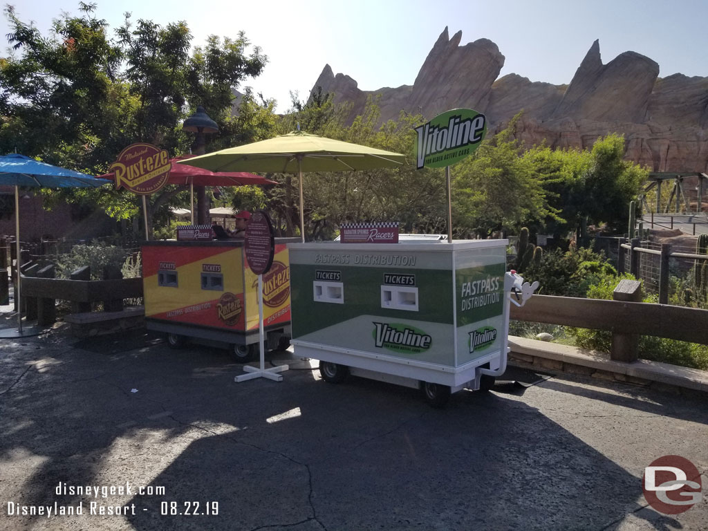 FastPasses still available for Radiator Springs Racers, want to say return time was around 1pm.  A nice addition to the mobile FastPass distribution carts would be a screen with return time info, currently you need to check the App or ask a castmember who ends up checking the app.