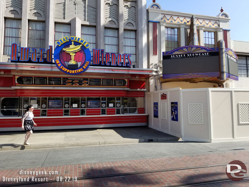 The Sunset Showcase Theater marquee is being installed. 