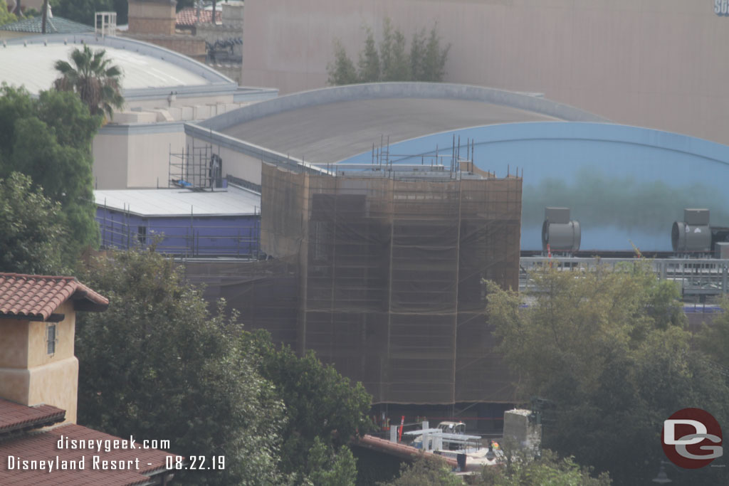 A look at the Avengers Campus construction site.  Starting on the left with the Spider Man attraction.  They are slowly covering the metal framing.