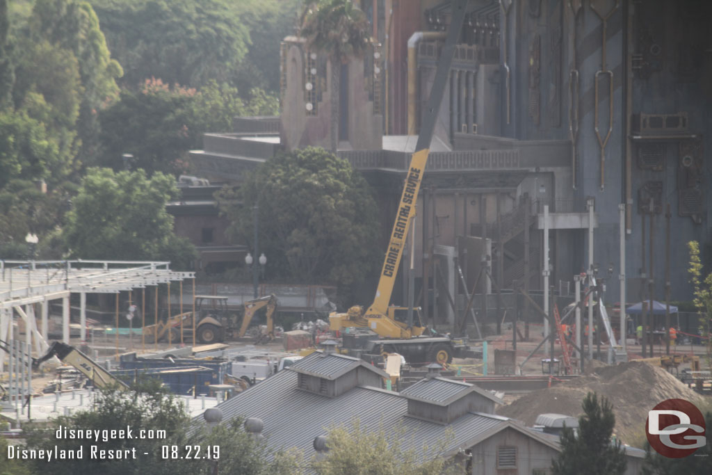 Continuing to pan to the right you can see steel going up for the entrance/facade of the future Avengers E-Ticket attraction.  The attraction will not be part of Phase I but the front of it will be.