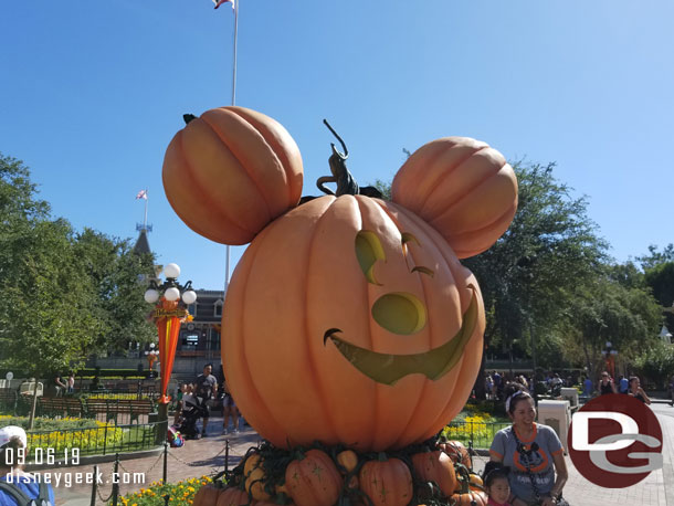 The giant Mickey Pumpkin is in Town Square