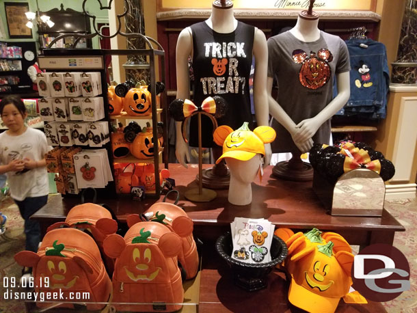 Some of the Halloween merchandise in the Disney Showcase on Main Street USA