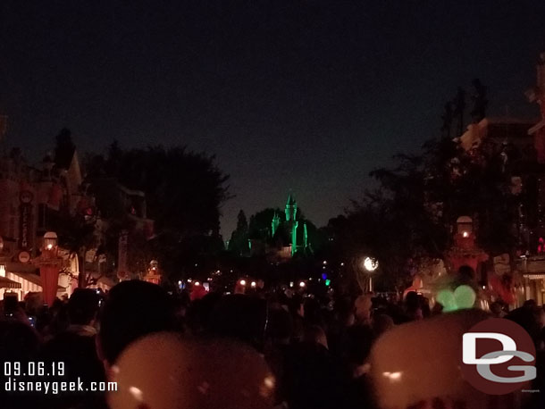 Showtime. Halloween Screams features fireworks on the weekends (projections only on weekdays).  The show is part of the regular guest experience this year, no longer party exclusive since the party is at DCA.