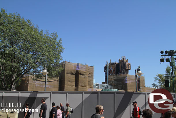 A check of the Avengers Campus work.  Not a lot of visible progress, slowly covering the framing for the Spider-Man attraction facade.