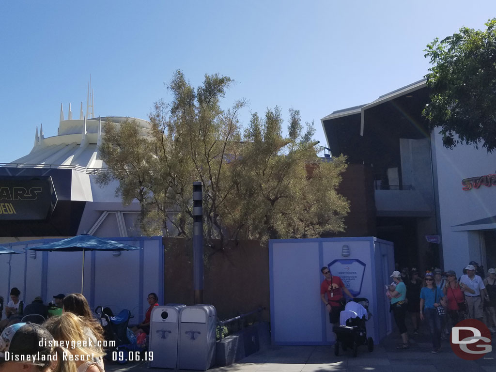 Walls up around the exit area of the theater in Tomorrowland.