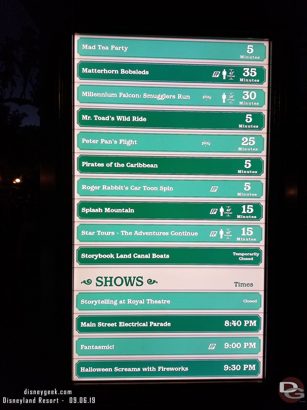 Disneyland waits at 7:43pm