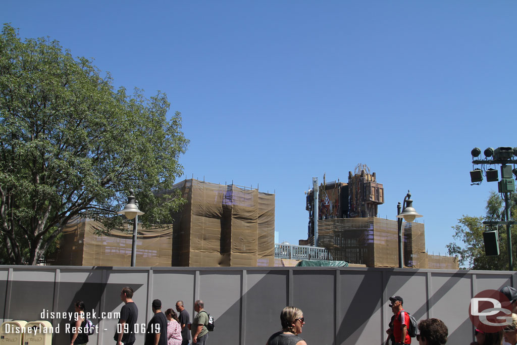 A check of the Avengers Campus work.  Not a lot of visible progress, slowly covering the framing for the Spider-Man attraction facade.