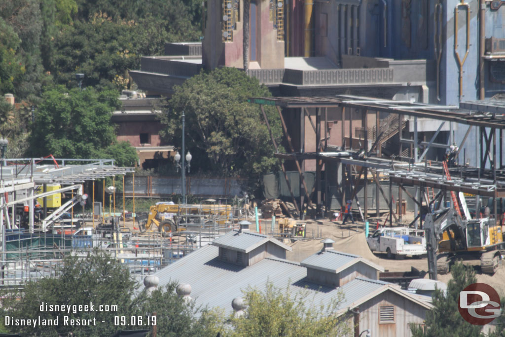 Panning left more scaffolding and work on the plaza and buildings in the Avengers Campus 