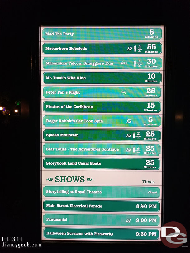 Disneyland wait times at 8:09pm