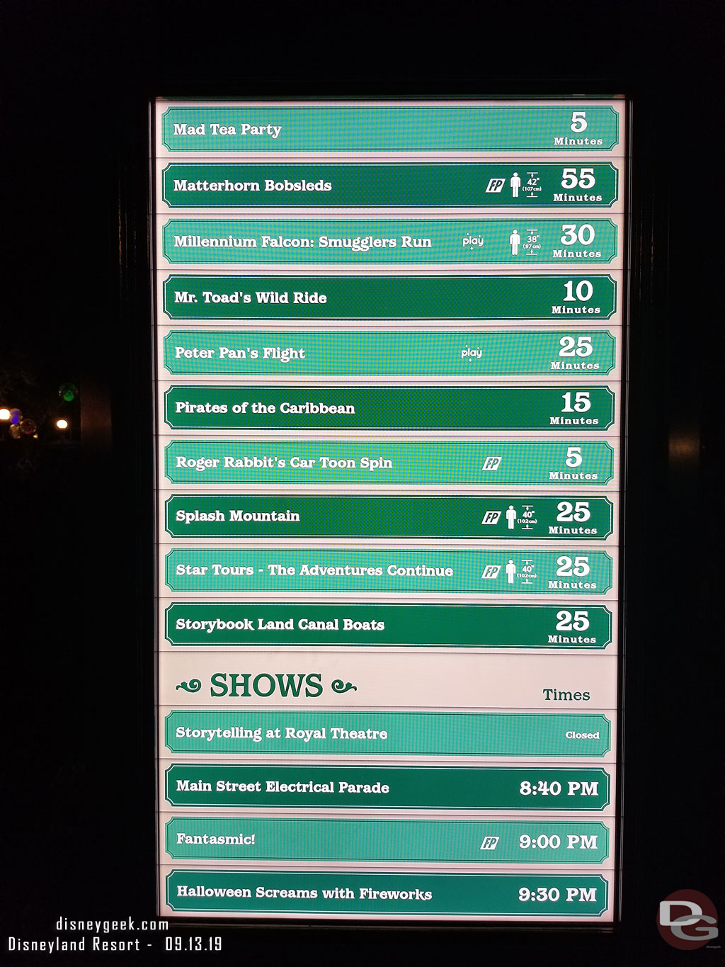 Disneyland wait times at 8:09pm