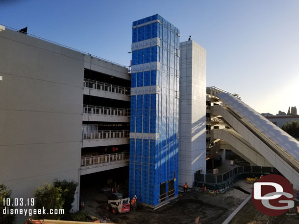 The new Mickey and Friends Parking Structure elevator shaft is moving along.  It looks like it is just about ready for exterior paneling.