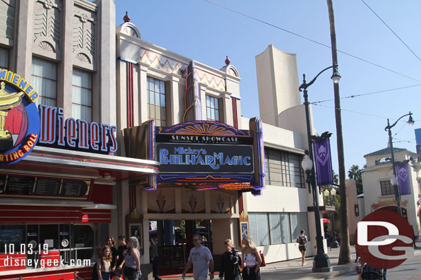 Mickey's PhilharMagic is splitting time with a sneak peek at Maleficent II.   Mickey has the theater till 5pm then Maleficent takes over at 6pm.  Today with a 6pm park closing for the party means day guests do not see the preview.