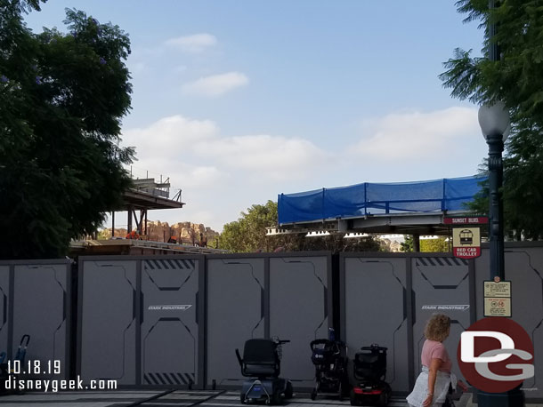 The Avengers Campus from Hollywood Land.  On the right the dining location on the left the headquarters building.