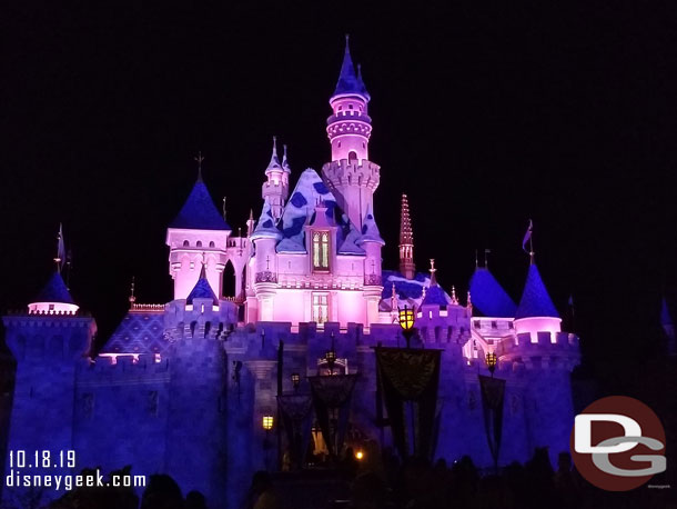 Sleeping Beauty Castle this evening with partial snow.