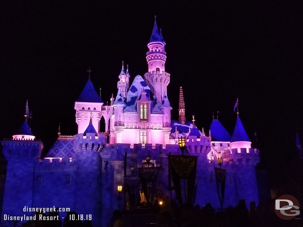 Sleeping Beauty Castle this evening with partial snow.