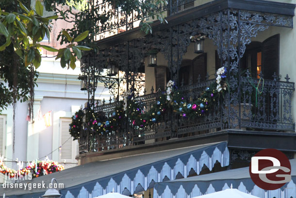 New Orleans Square is decorated for Christmas.