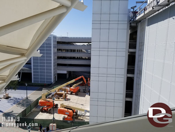 They were working on the elevator shaft exterior this afternoon.  Hard to see from this angle with the original one in the way.