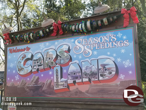 The residents of Radiator Springs are celebrating the season with their usual decorations.