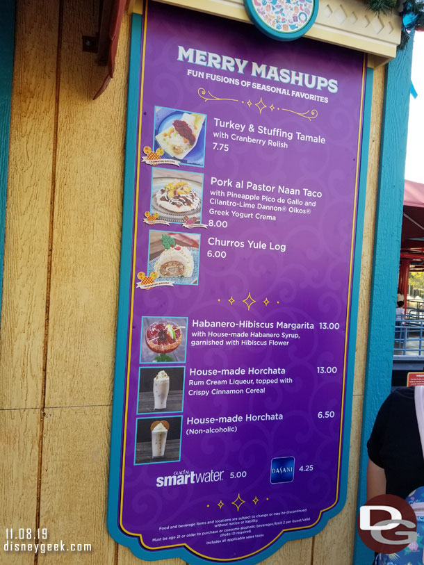 The Merry Mashup Marketplace Menu.  In the evening the line here was the longest I noticed.