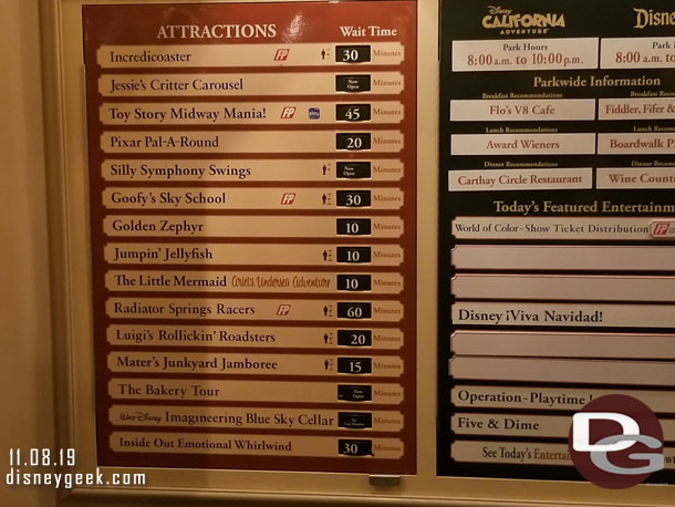 Some Disney California Adventure wait times at 7:45pm