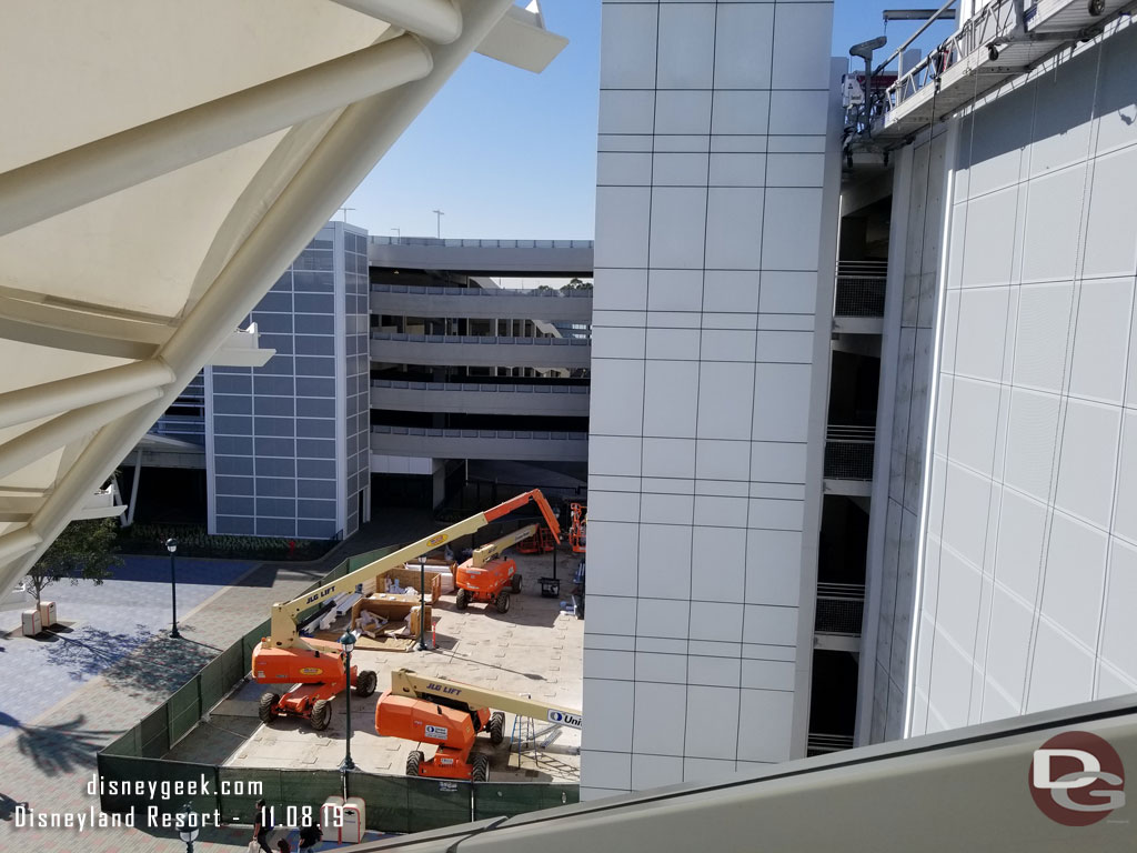 They were working on the elevator shaft exterior this afternoon.  Hard to see from this angle with the original one in the way.