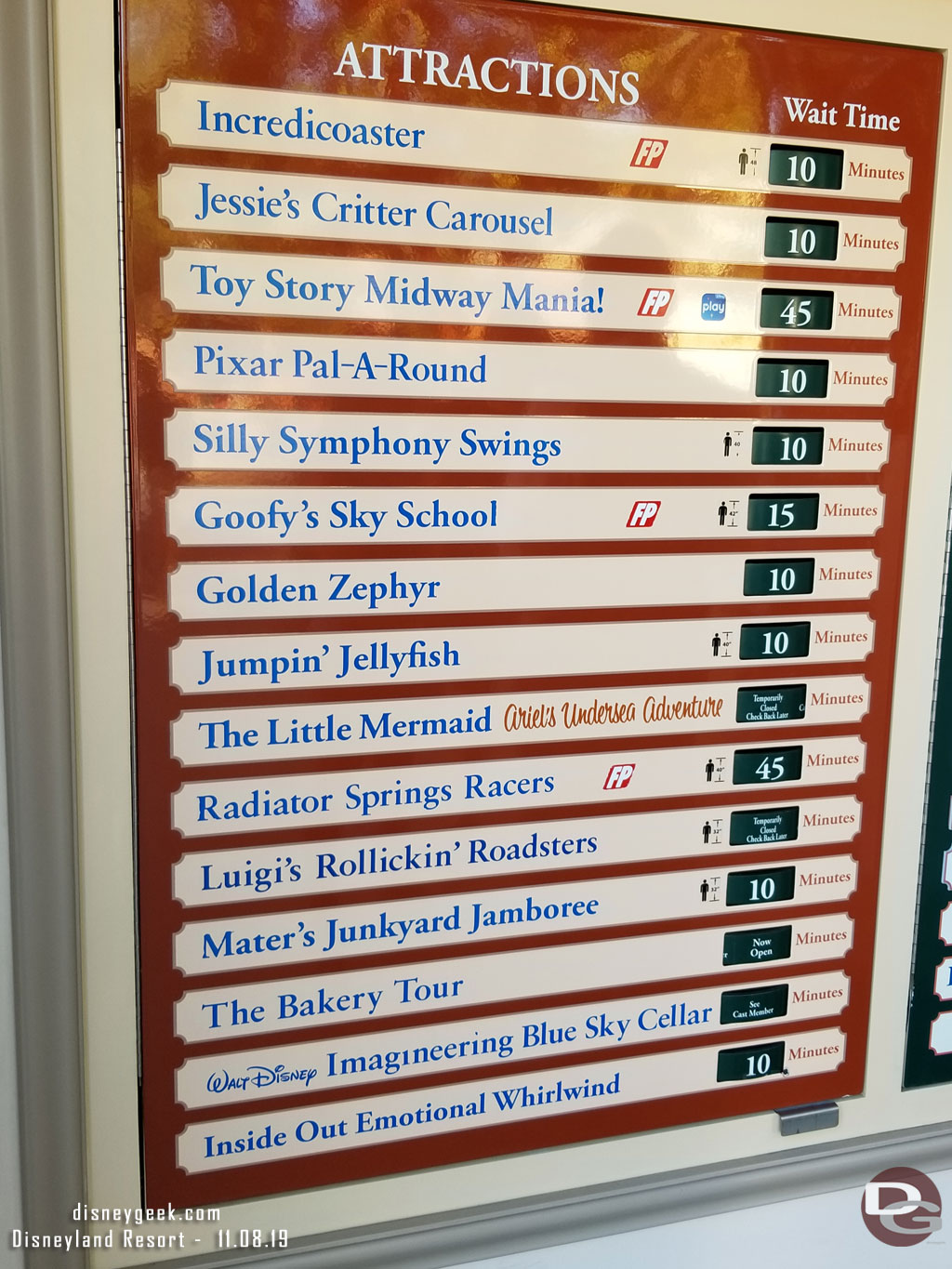 Some Disney California Adventure wait times at 1:18pm