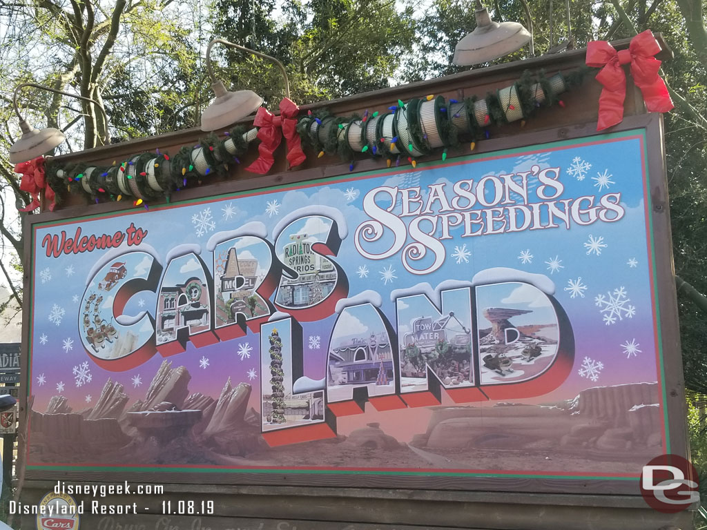 The residents of Radiator Springs are celebrating the season with their usual decorations.