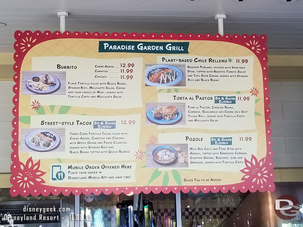 Next door the menu at Paradise Garden Grill