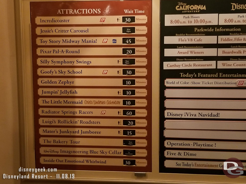 Some Disney California Adventure wait times at 7:45pm