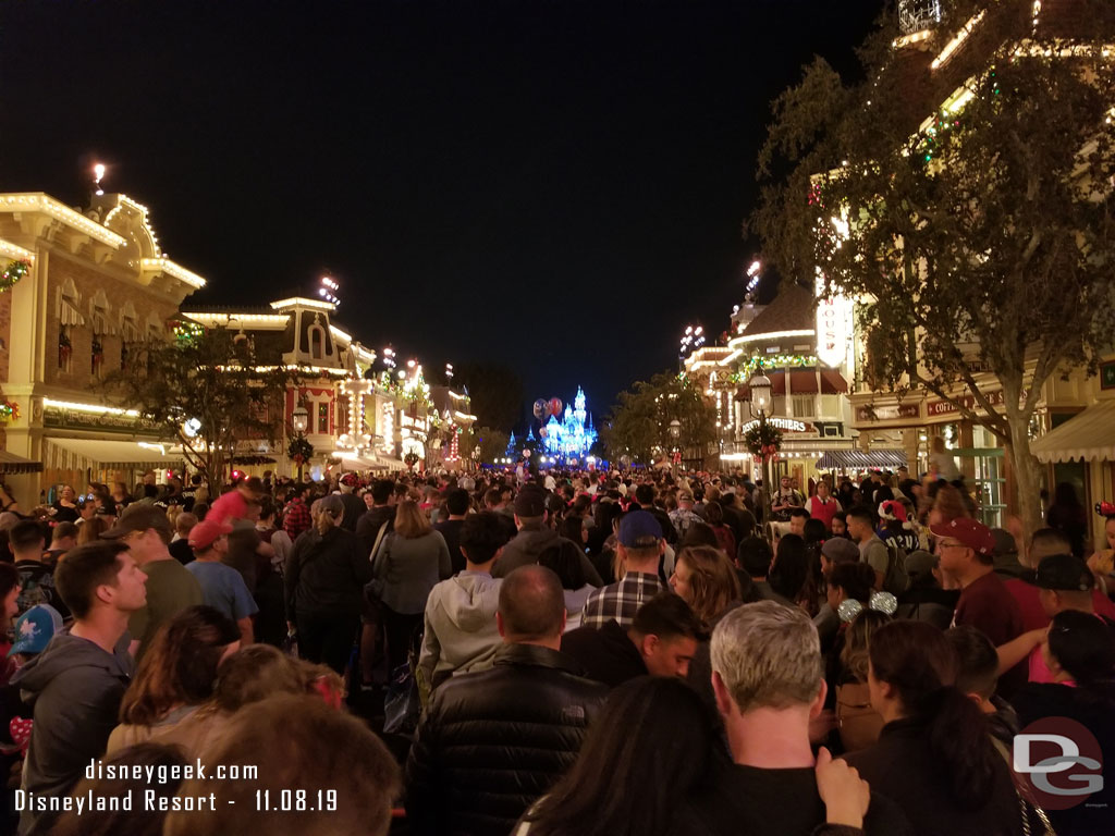 Main Street USA at 9:25pm.. 5 minutes until Believe in Holiday Magic.