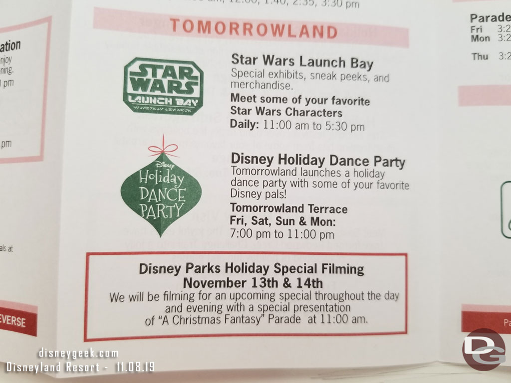 Note Holiday Filming will be Wednesday & Thursday with a special morning parade time for it.