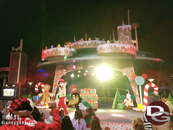 Goofy at Disney Holiday Dance Party at Tomorrowland Terrace.