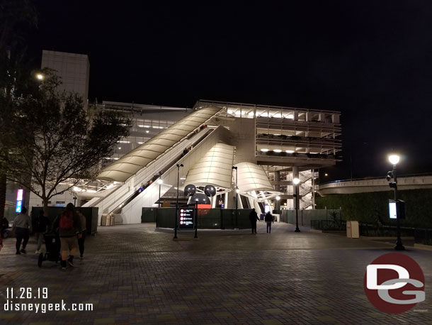 Back at the Mickey and Friends Parking Structure, the new icon statue is lit up.