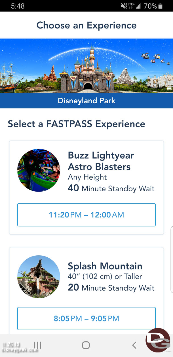 Noticed most FastPasses were gone.  DCA had nothing left and Disneyland had a couple with late return times.  Over 5 hours to return for Buzz Lightyear.  Splash had a low wait and return time because it was cold out.