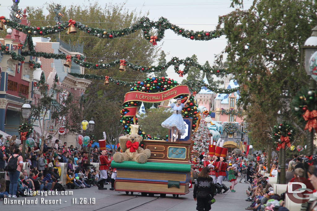 A Christmas Fantasy Parade making its way down Main Street  USA.