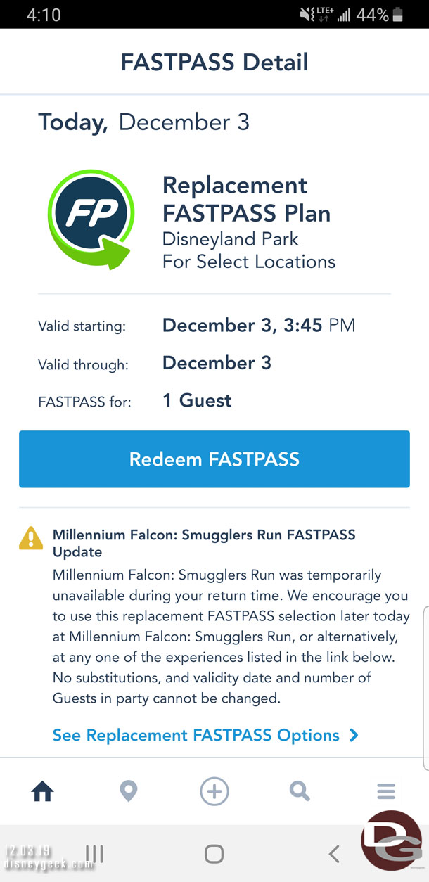 The scanned our park tickets and gave us each a FastPass good on any attraction in Disneyland (whether it had FastPass or not) and then said if we wanted to ride again they would walk us to the front, which turned out to be let us use the FastPass queue.